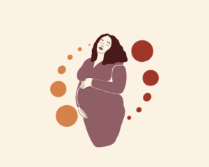 Illustratie van dikke zwangere vrouw die haar handen op haar buik legt.