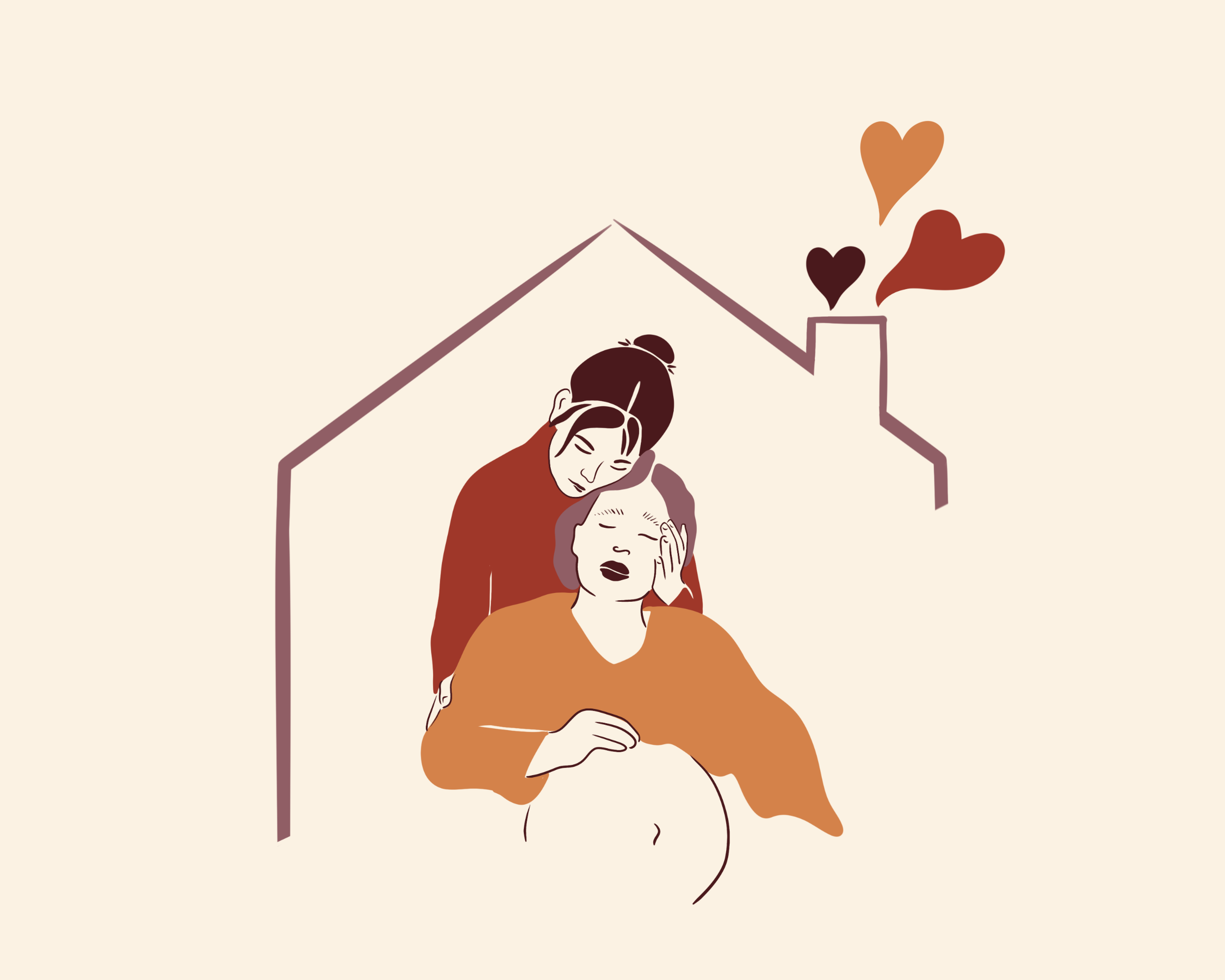 Illustratie van een barende vrouw die een wee heeft met de contouren van een huis om zich heen. Achter haar staat haar parter die een hand op haar wang houdt.