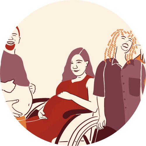 Illustratie van zwangere vrouw in een rolstoel bij ´Zwanger & handicap´.